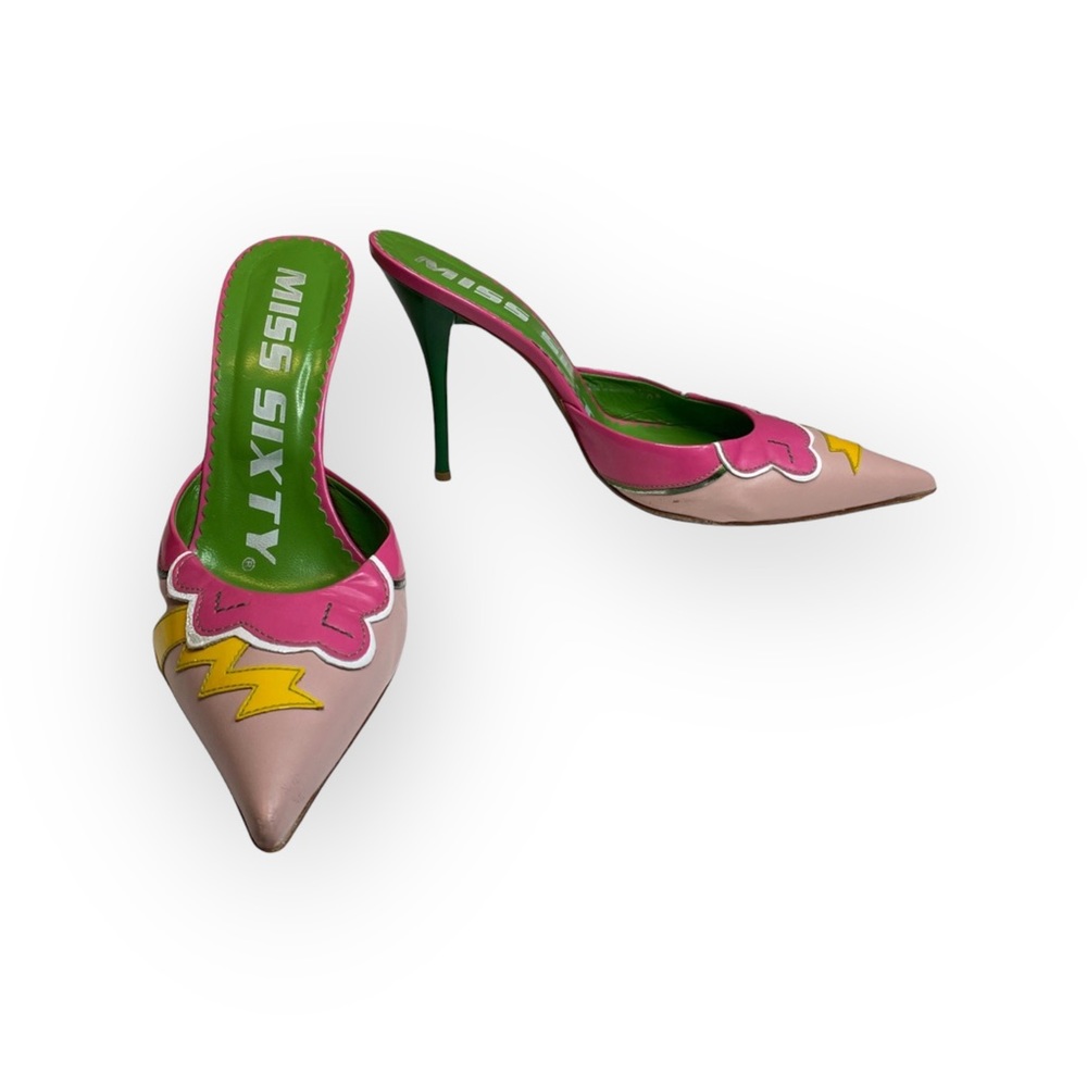 Vintage: Miss Sixty ↯ Lightning Pointy Toe Stiletto Heels Mules ↯ Pink Appliqué - Picture 3 of 17
